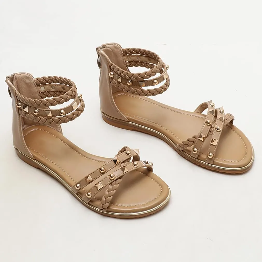 FRALOSHA Flat Sandals for Women Open Toe Summer Dressy Flat Rivet Beach Sandal Ankle Strap Casual Shoes with Zipper