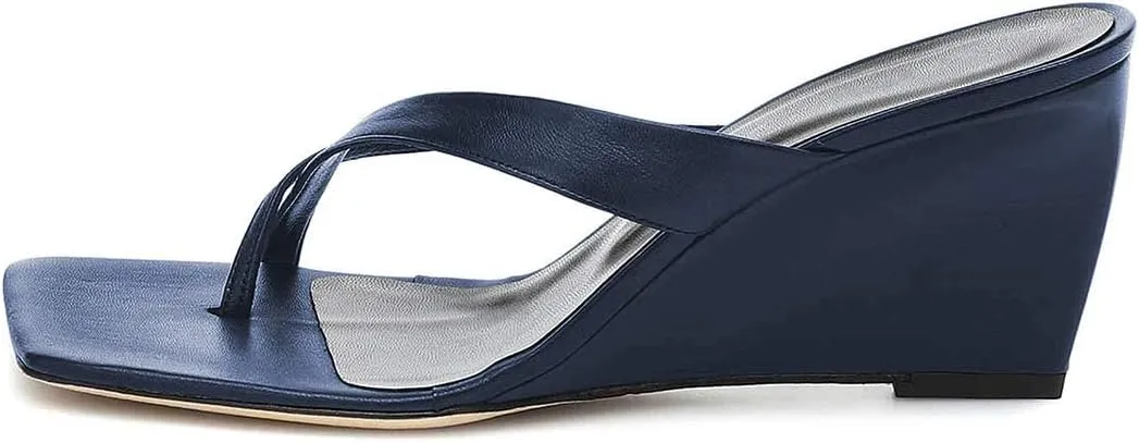 FSJ Women Casual Flip Flop Slide Mule Shoes Square Open Toe Thong Sandal Summer Wedge High Heel Size 4-15 US