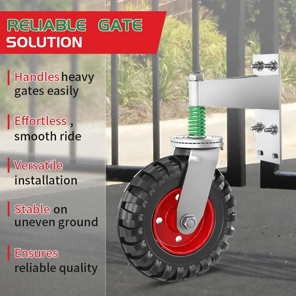Gate Wheel 8inch Fence Gate Wheel for Metal Tube Gate 600lb Capacity 360 Degree Rotation Spring-Loaded Heavy Duty Gate Caster with Screws & Screwdriver
