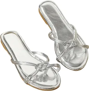 GORGLITTER Women's Strappy Flat Sandals Open Toe Metallic Summer Trendy 2025 Dressy Slides