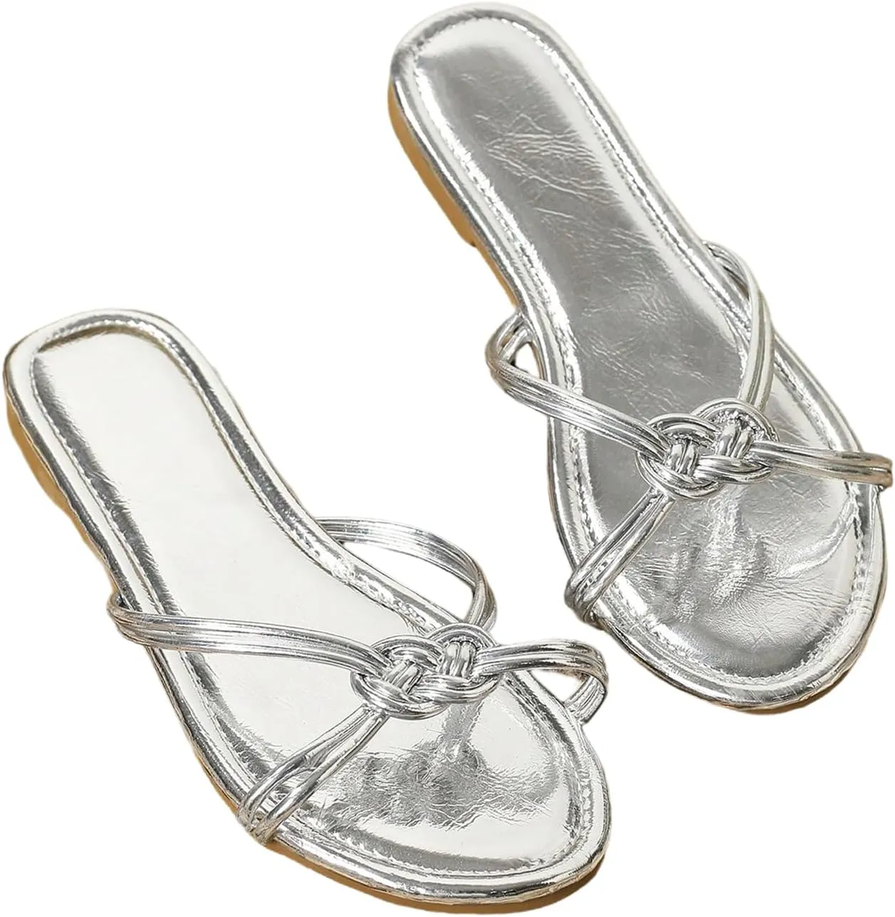 GORGLITTER Women's Strappy Flat Sandals Open Toe Metallic Summer Trendy 2025 Dressy Slides
