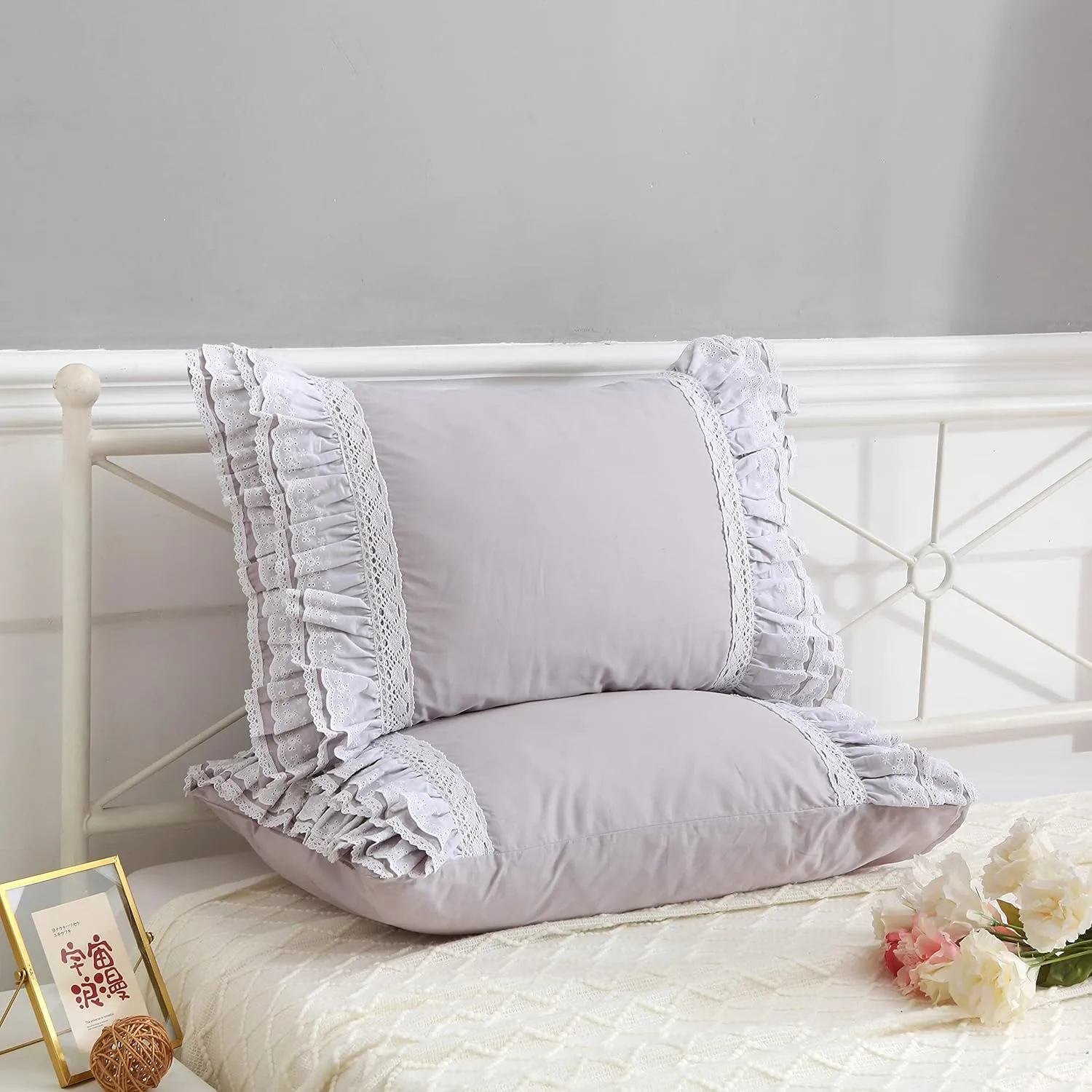 Gray Pillow Shams with Lace Ruffles Shabby Chic Cotton Queen Size Grey Pillowcases 20 x 30 2-Pack