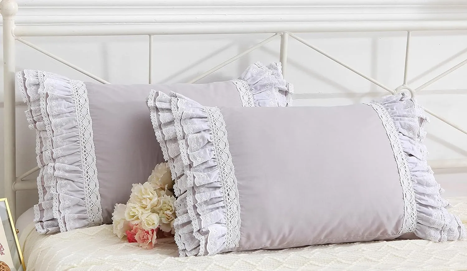 Gray Pillow Shams with Lace Ruffles Shabby Chic Cotton Queen Size Grey Pillowcases 20 x 30 2-Pack