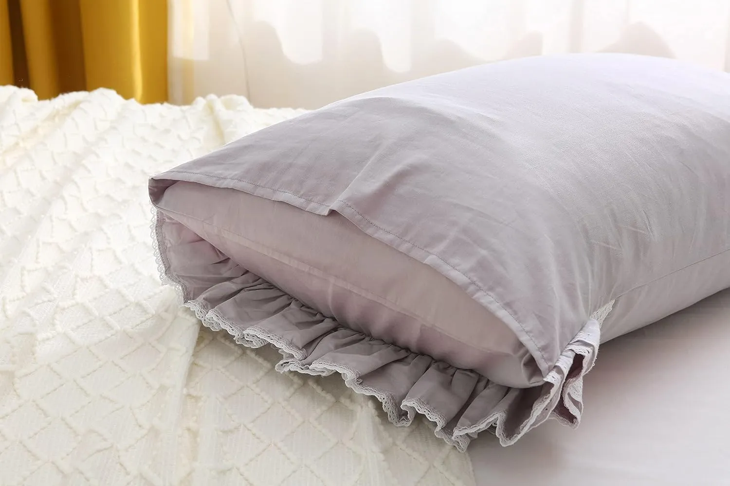 Gray Pillow Shams with Lace Ruffles Shabby Chic Cotton Queen Size Grey Pillowcases 20 x 30 2-Pack
