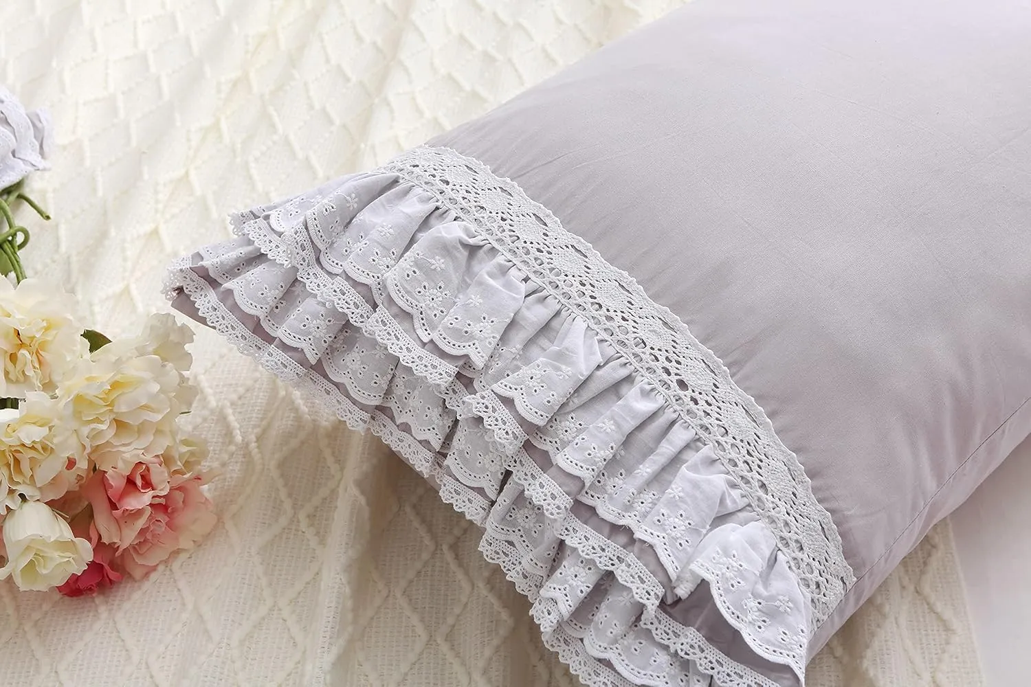Gray Pillow Shams with Lace Ruffles Shabby Chic Cotton Queen Size Grey Pillowcases 20 x 30 2-Pack