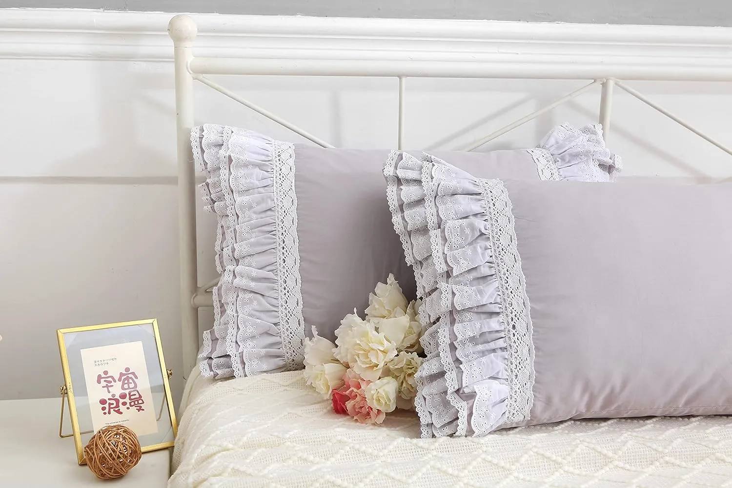Gray Pillow Shams with Lace Ruffles Shabby Chic Cotton Queen Size Grey Pillowcases 20 x 30 2-Pack