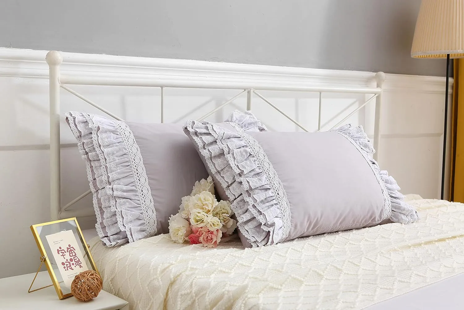 Gray Pillow Shams with Lace Ruffles Shabby Chic Cotton Queen Size Grey Pillowcases 20 x 30 2-Pack