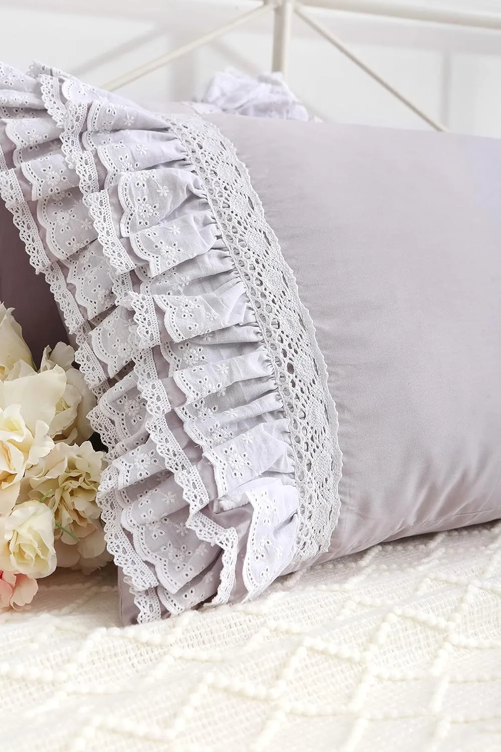 Gray Pillow Shams with Lace Ruffles Shabby Chic Cotton Queen Size Grey Pillowcases 20 x 30 2-Pack