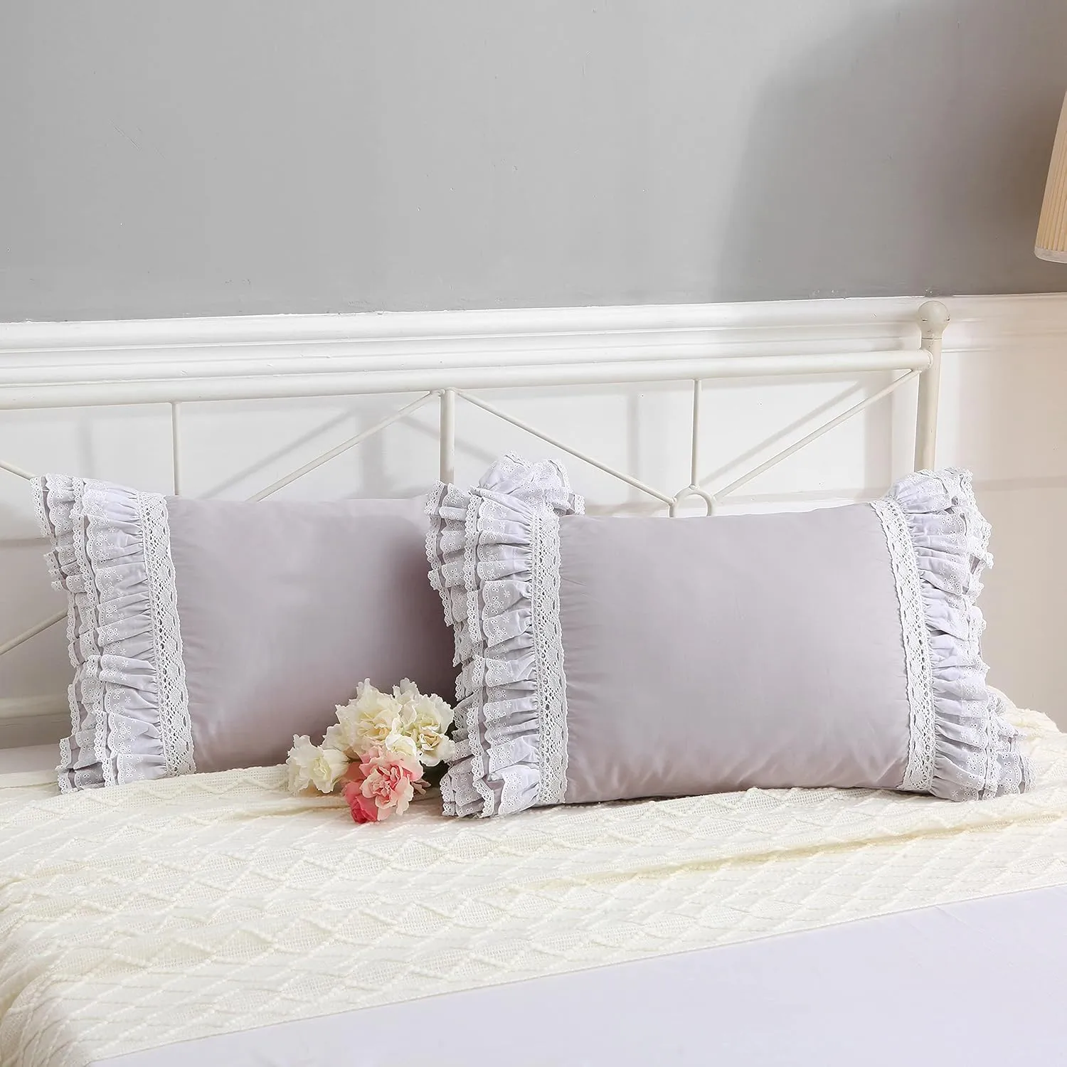 Gray Pillow Shams with Lace Ruffles Shabby Chic Cotton Queen Size Grey Pillowcases 20 x 30 2-Pack