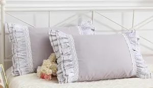 Gray Pillow Shams with Lace Ruffles Shabby Chic Cotton Queen Size Grey Pillowcases 20 x 30 2-Pack