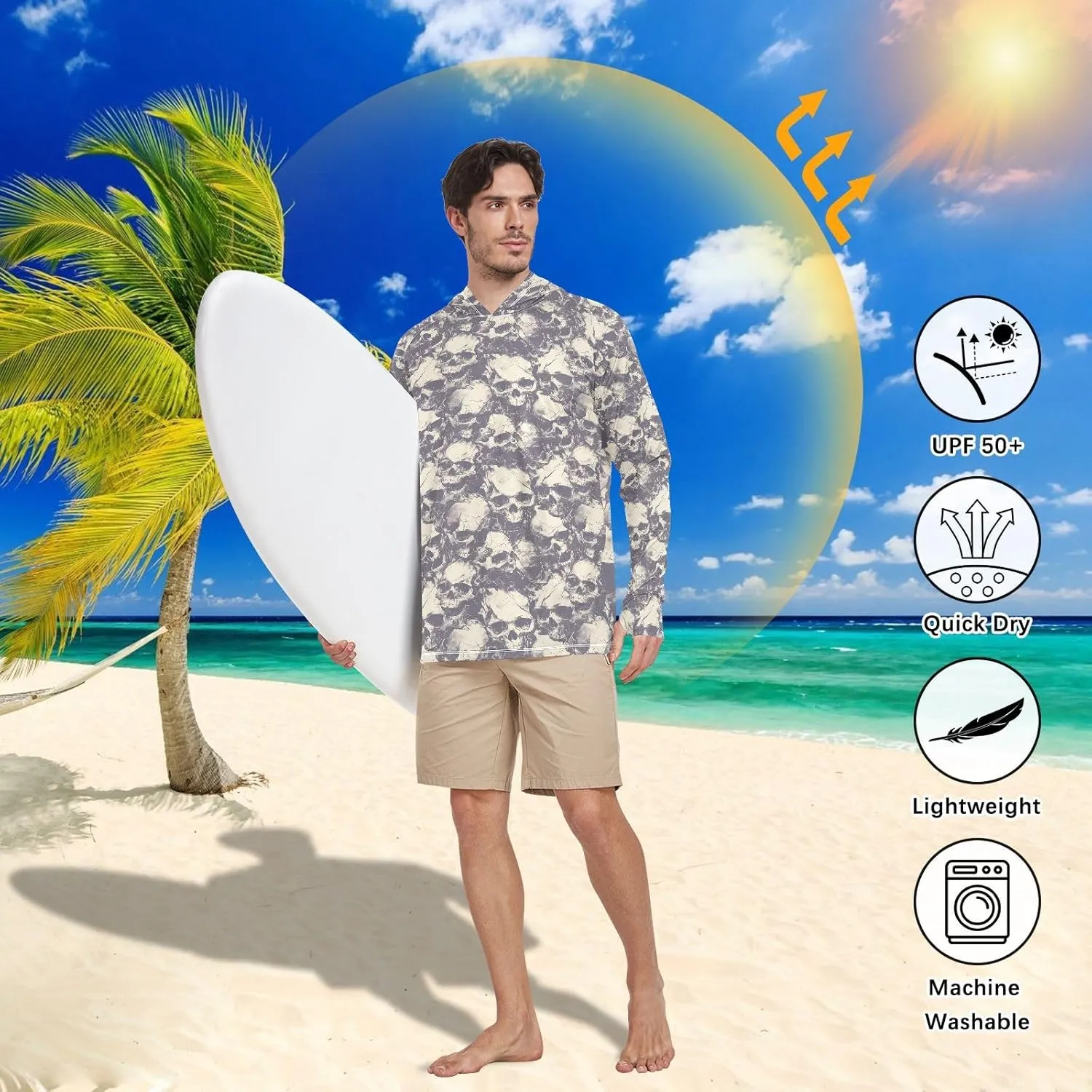 Grunge Style Skulls Men Sun Protection Hoodies Long Sleeve Fishing Shirt UPF 50  Beach Hoodie UV Rash Guard with Hood