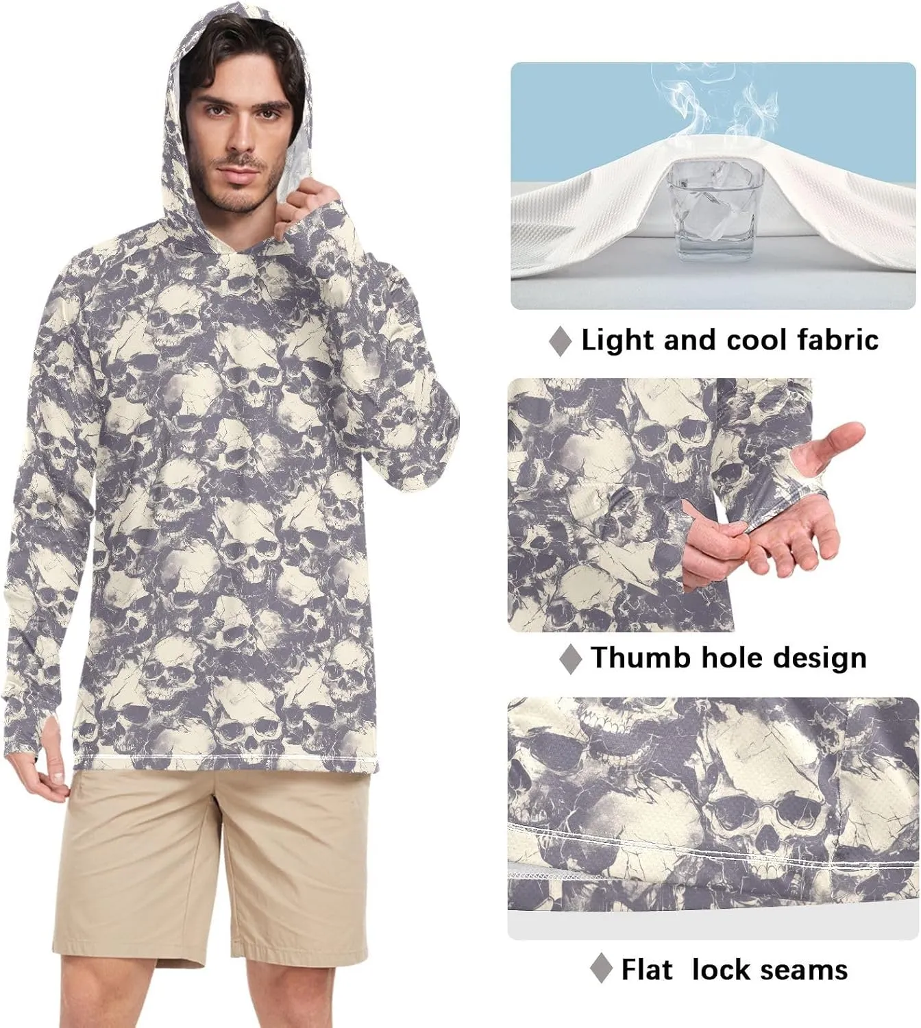 Grunge Style Skulls Men Sun Protection Hoodies Long Sleeve Fishing Shirt UPF 50  Beach Hoodie UV Rash Guard with Hood