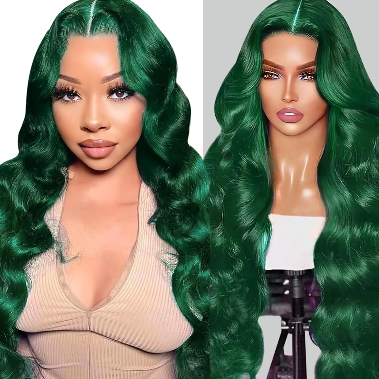 haha Green 13x6 Lace Front Wig Human Hair Emerald Green Body Wave Transparent HD Lace Frontal Wig Pre Plucked Dark Green Human Hair Wigs For Women Colored 180% Density 24 Inch