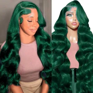 haha Green 13x6 Lace Front Wig Human Hair Emerald Green Body Wave Transparent HD Lace Frontal Wig Pre Plucked Dark Green Human Hair Wigs For Women Colored 180% Density 24 Inch
