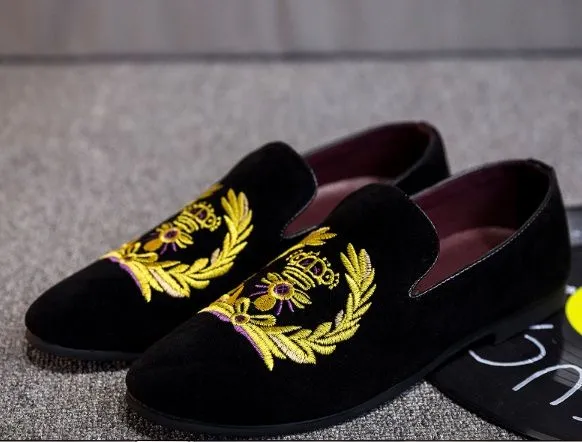 Handmade Black Embroidered Velvet Loafer Shoes for Men