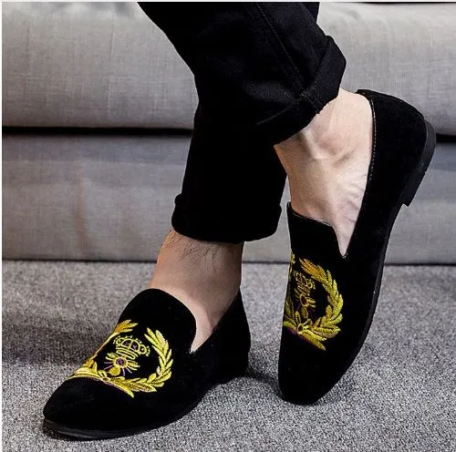 Handmade Black Embroidered Velvet Loafer Shoes for Men