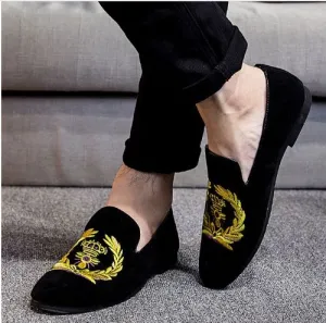 Handmade Black Embroidered Velvet Loafer Shoes for Men
