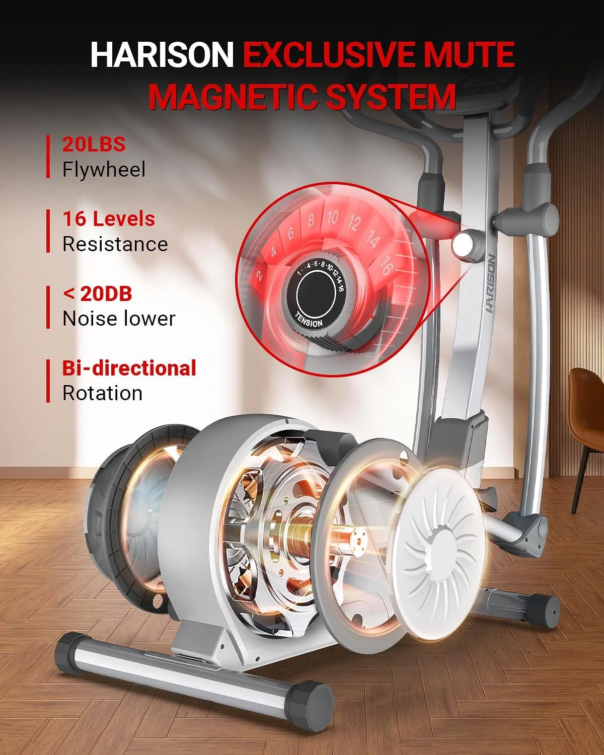 HARISON Elliptical Machine for Home with 350 LBS Capacity, Magnetic Elliptical Exercise Machine with 16-Level Resistance Control, Elliptical Trainer with HARISON APP