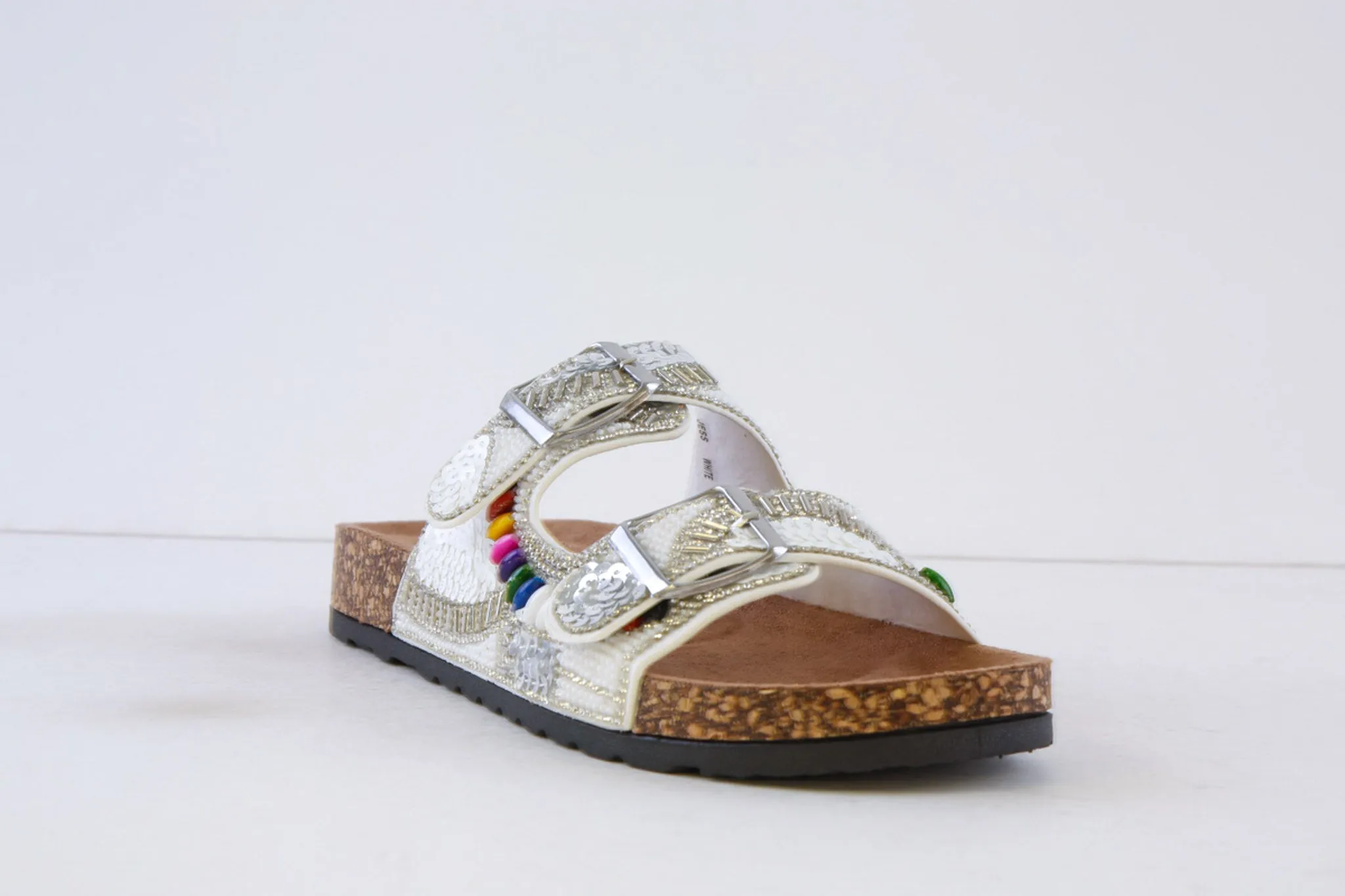 HEAVENLY FEET - JESS DOUBLE BUCKLE MULE - WHITE/SILVER