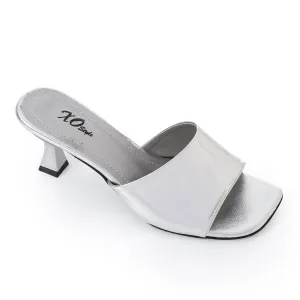 High Heel Mule Sandals – Square Open Toe, Faux Leather, Slip-On Design