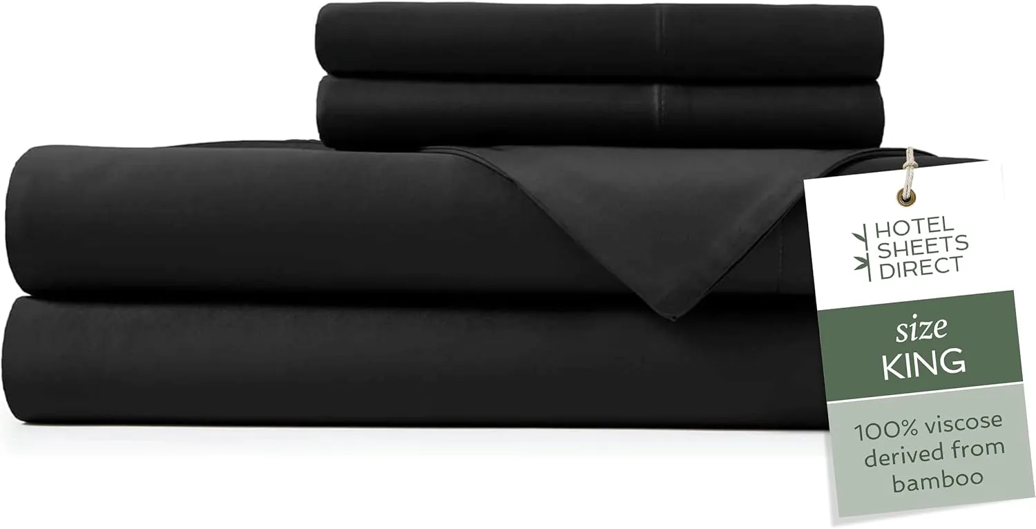 Hotel Sheets Direct 4 Piece Bed Sheet Set King Size, 100% Viscose Derived from Bamboo Sheets Set with 2 Pillowcases, Cooling & Breathable Luxury Bedding, Moisture-Wicking & Silky Soft Texture, Black