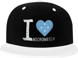 I Love Micronesia - Heart Flag Color-Block Flat Brim Snapback Cap for Men & Women, Adjustable Hip-Hop Hat White