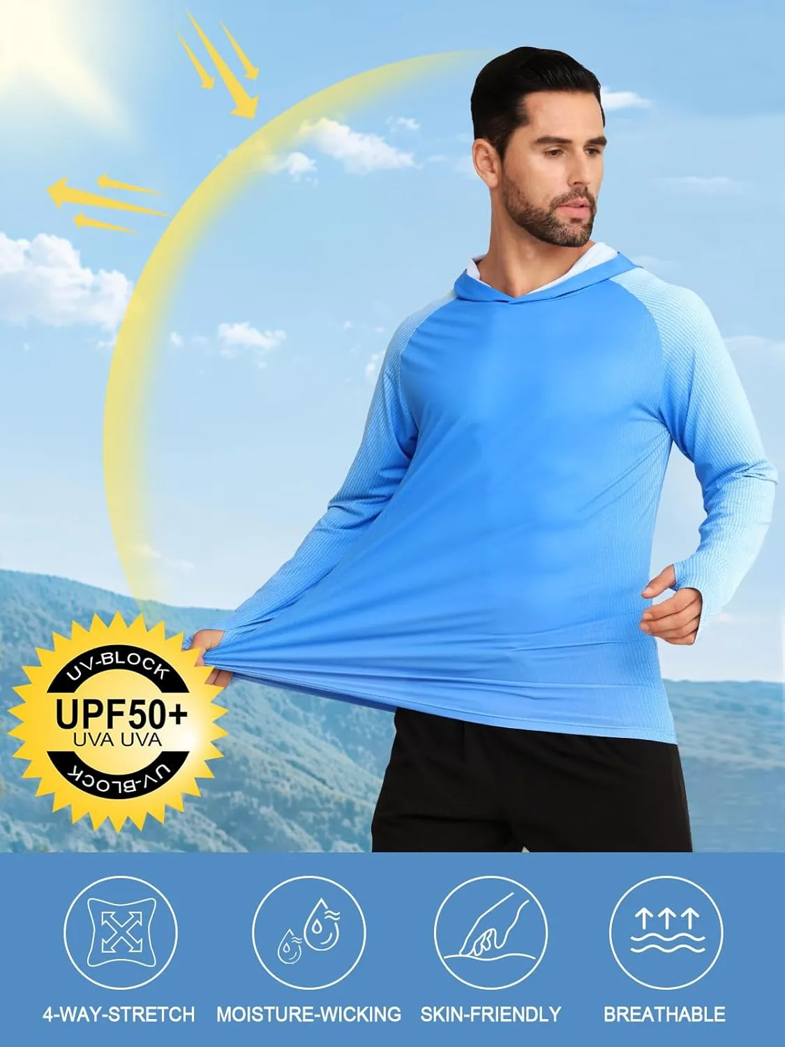 iCKER Men's UPF 50  Sun Protection Hoodie Shirt Rash Guard Long Sleeve Shirt UV Fishing Outdoor Hiking Swimming Running