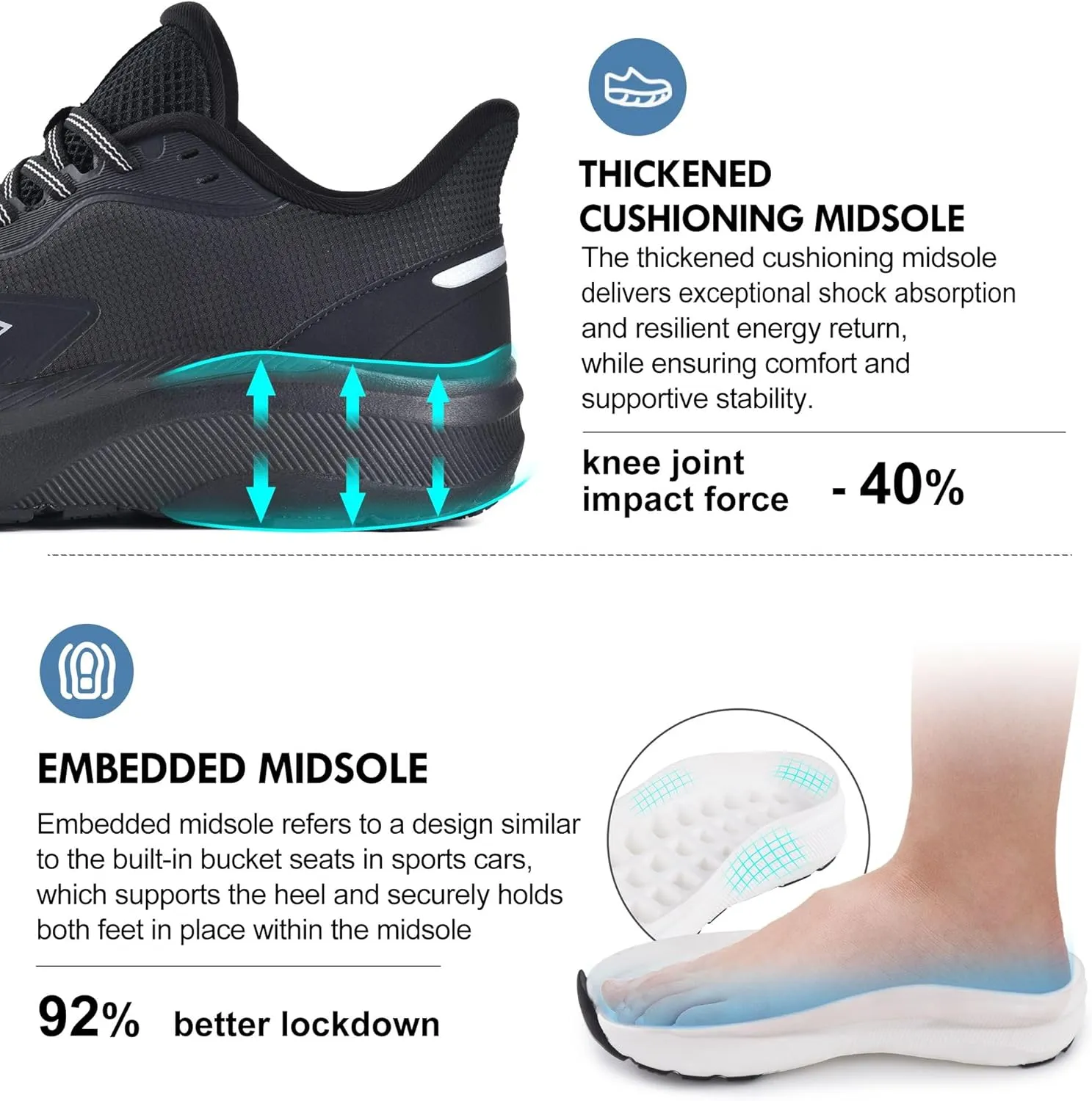 JACKSHIBO Slip in Men Hands Free Shoes Wide Toe Box Slip On Walking Running Tennis Athletic Sneakers Arch Support Plantar Fasciitis Orthopedic Shoes with Metatarsal Pads Cushion Thick Zero Drop Sole