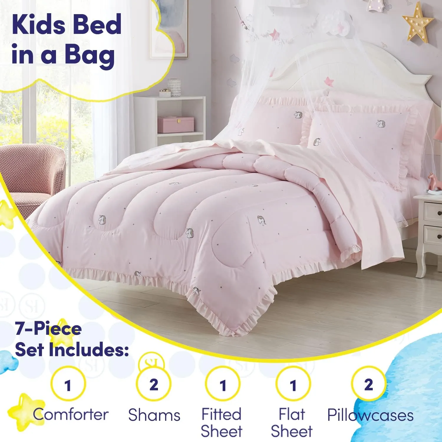 Kids Bedding Set Bed in a Bag for Boys and Girls Toddlers Printed Sheet Set and Comforter , Full, Rainbow Unicorn