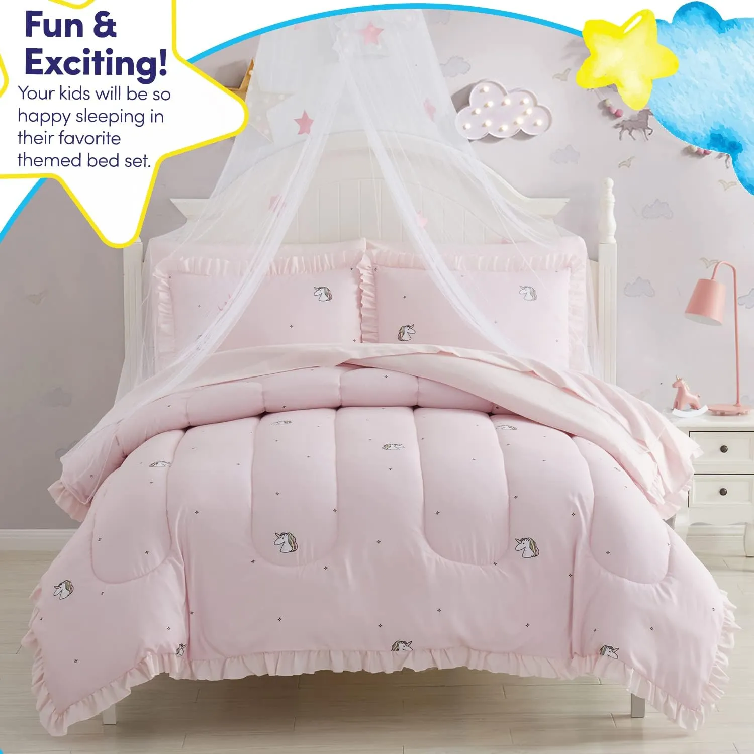 Kids Bedding Set Bed in a Bag for Boys and Girls Toddlers Printed Sheet Set and Comforter , Full, Rainbow Unicorn