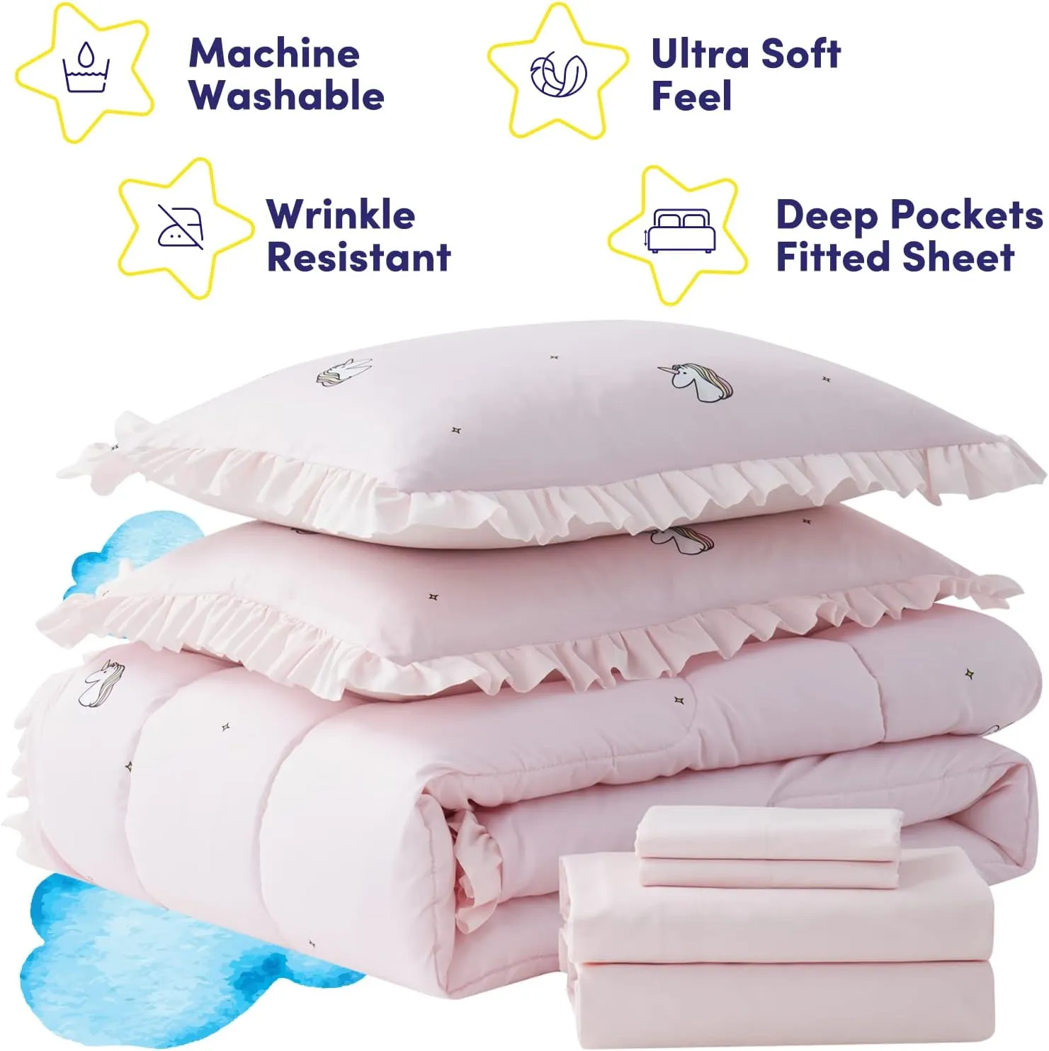 Kids Bedding Set Bed in a Bag for Boys and Girls Toddlers Printed Sheet Set and Comforter , Full, Rainbow Unicorn