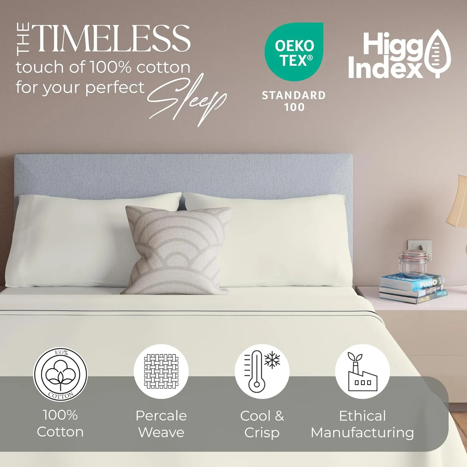 King Fresh Ivory 100% Cotton Sheet Set, Lightweight & Breathable, 4Pc Cool & Crisp Percale Bedding Set with Deep Pocket (1 Flat Sheet, 1 Fitted Sheet, 2 Pillowcases)