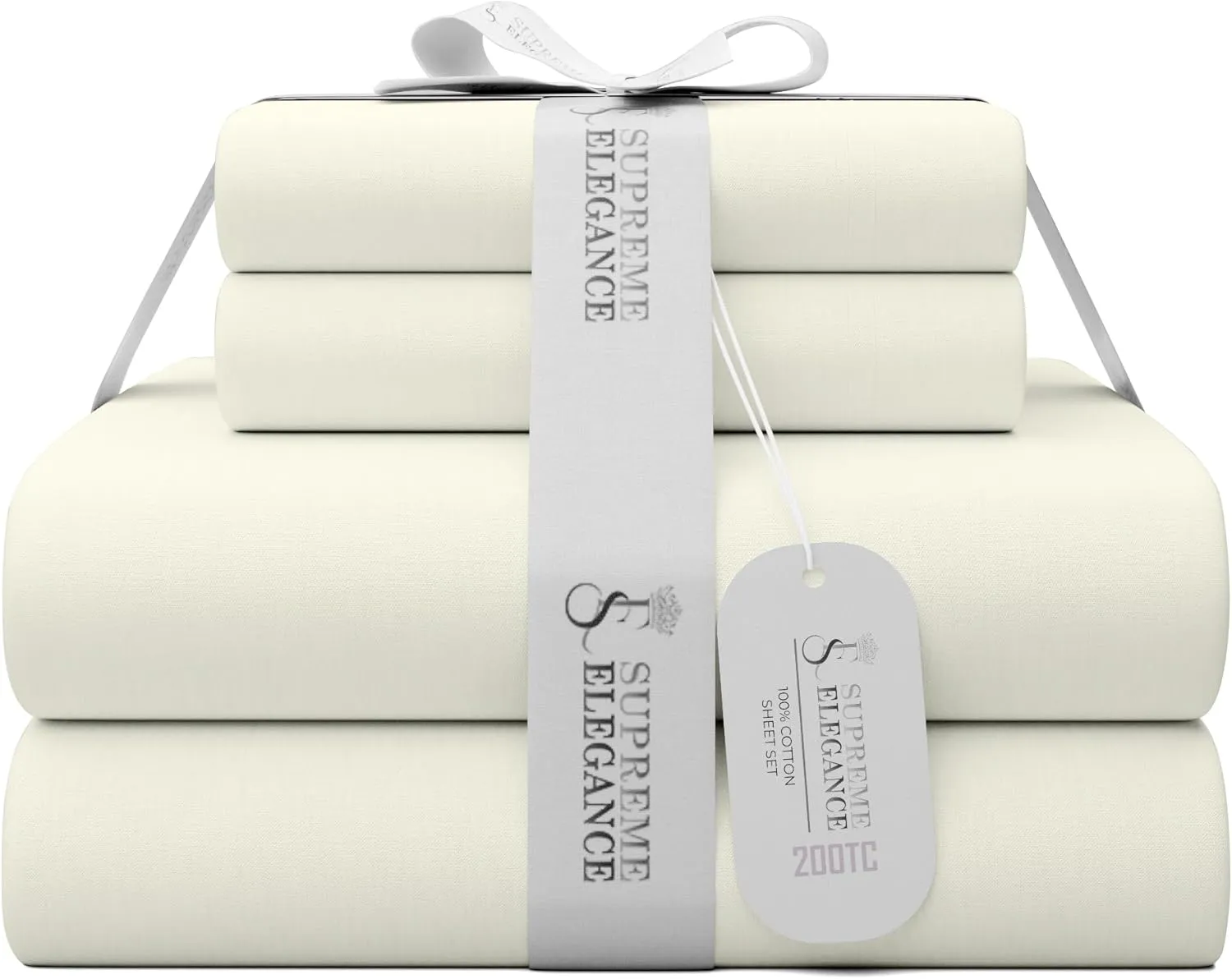 King Fresh Ivory 100% Cotton Sheet Set, Lightweight & Breathable, 4Pc Cool & Crisp Percale Bedding Set with Deep Pocket (1 Flat Sheet, 1 Fitted Sheet, 2 Pillowcases)
