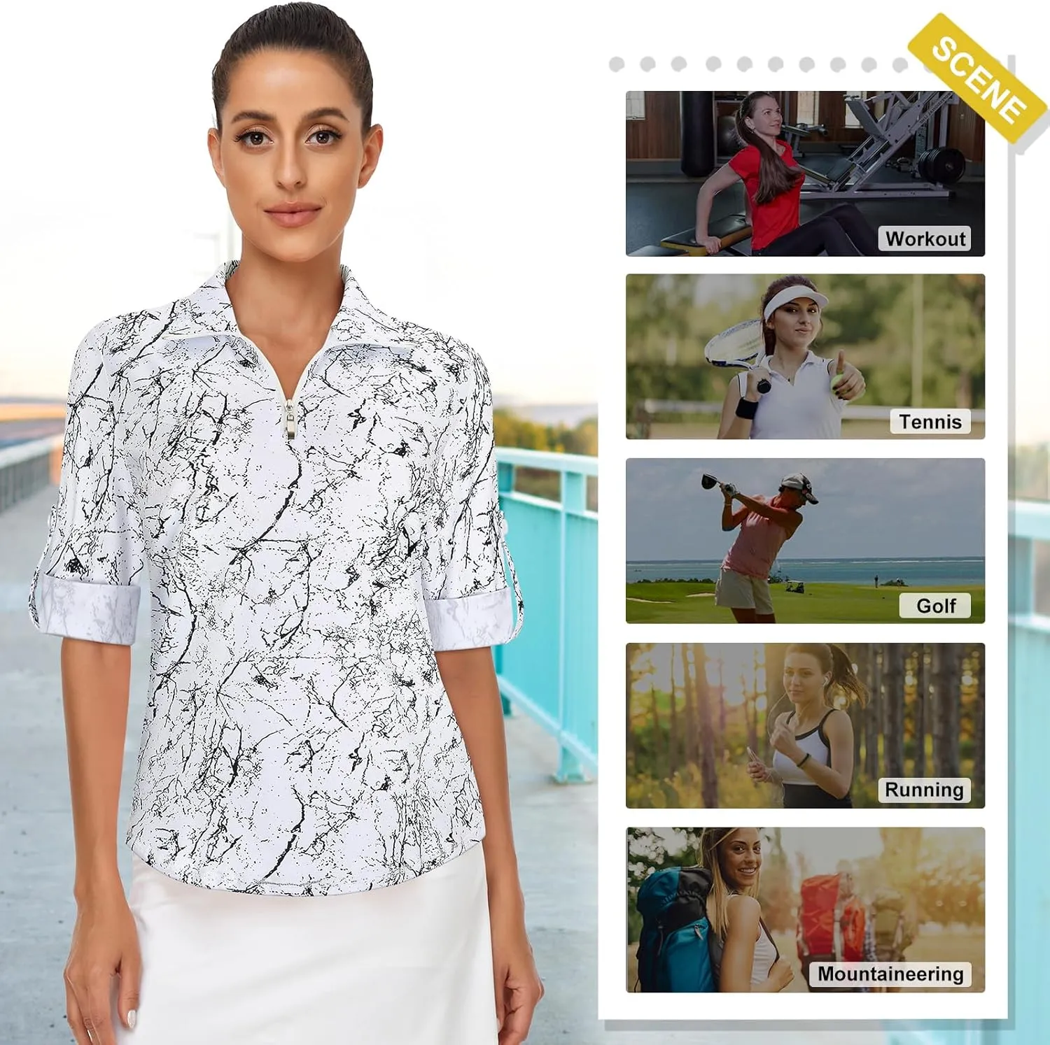 Koscacy Women's 3/4 Roll Sleeve Golf Tennis Polo Shirts UPF50  Half Zip Dry Fit Workout Tops Athletic Shirt