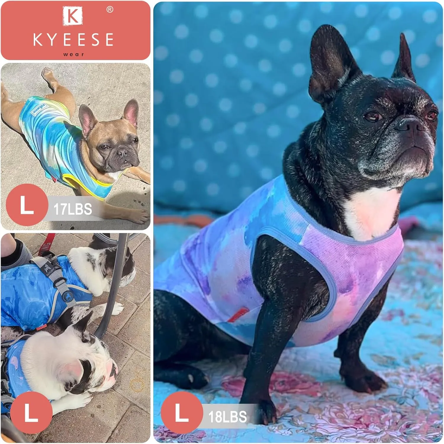 KYEESE 2 Pack Dog Cooling Shirts - Breathable Instant Cooling Vests, Lightweight for Summer Dog Apparel, Blue Grey, Large
