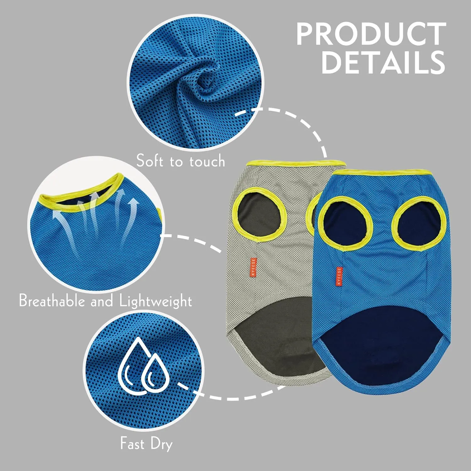 KYEESE 2 Pack Dog Cooling Shirts - Breathable Instant Cooling Vests, Lightweight for Summer Dog Apparel, Blue Grey, Large