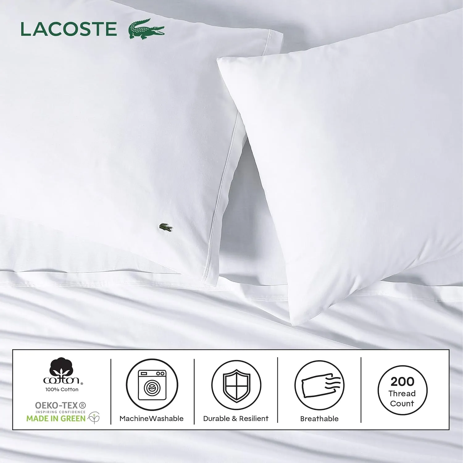 Lacoste 100% Cotton Percale Solid Sheet Set, Breathable, Cooling & Hotel Quality Sheets - Deep Pocket, Easy-Fit, Oeko-Tex Certified, White, Queen