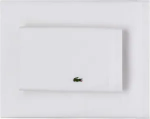 Lacoste 100% Cotton Percale Solid Sheet Set, Breathable, Cooling & Hotel Quality Sheets - Deep Pocket, Easy-Fit, Oeko-Tex Certified, White, Queen