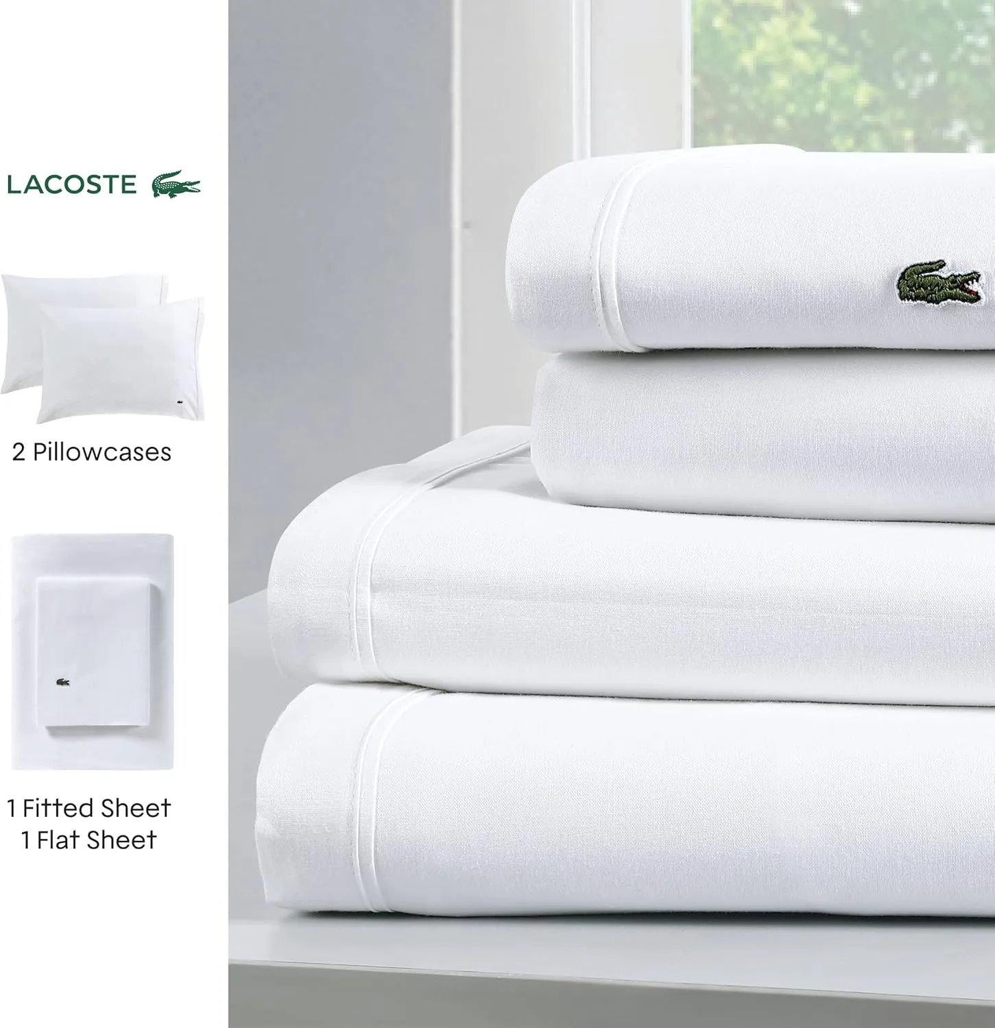Lacoste 100% Cotton Percale Solid Sheet Set, Breathable, Cooling & Hotel Quality Sheets - Deep Pocket, Easy-Fit, Oeko-Tex Certified, White, Queen