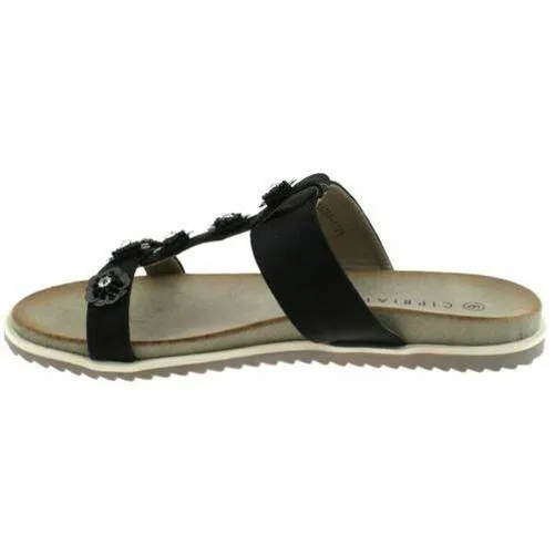 Ladies Cipriata Black Shimmer Diamante Flower Mule Sandals L522A