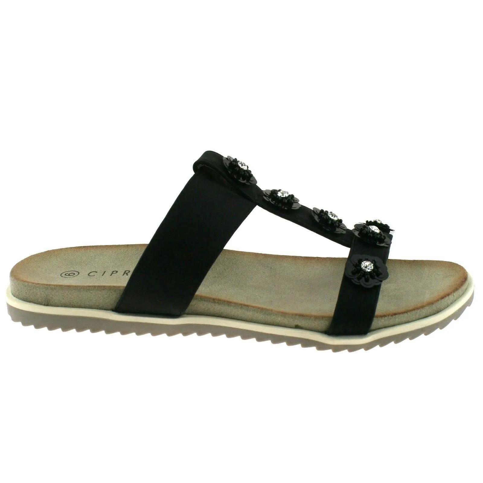 Ladies Cipriata Black Shimmer Diamante Flower Mule Sandals L522A