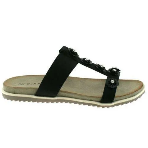 Ladies Cipriata Black Shimmer Diamante Flower Mule Sandals L522A