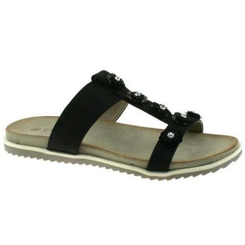Ladies Cipriata Black Shimmer Diamante Flower Mule Sandals L522A