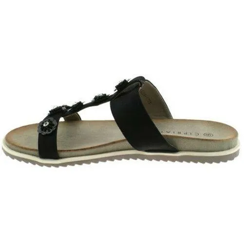 Ladies Cipriata Black Shimmer Diamante Flower Mule Sandals L522A