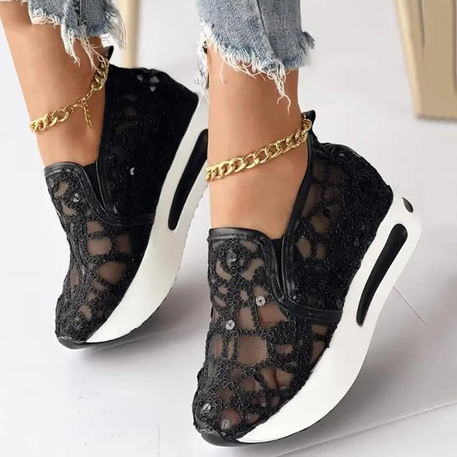 Ladies Fashion Breathable Knitted Mesh Pointed Flat Bottomed Casual Single Shoes Wedges Wide Feet