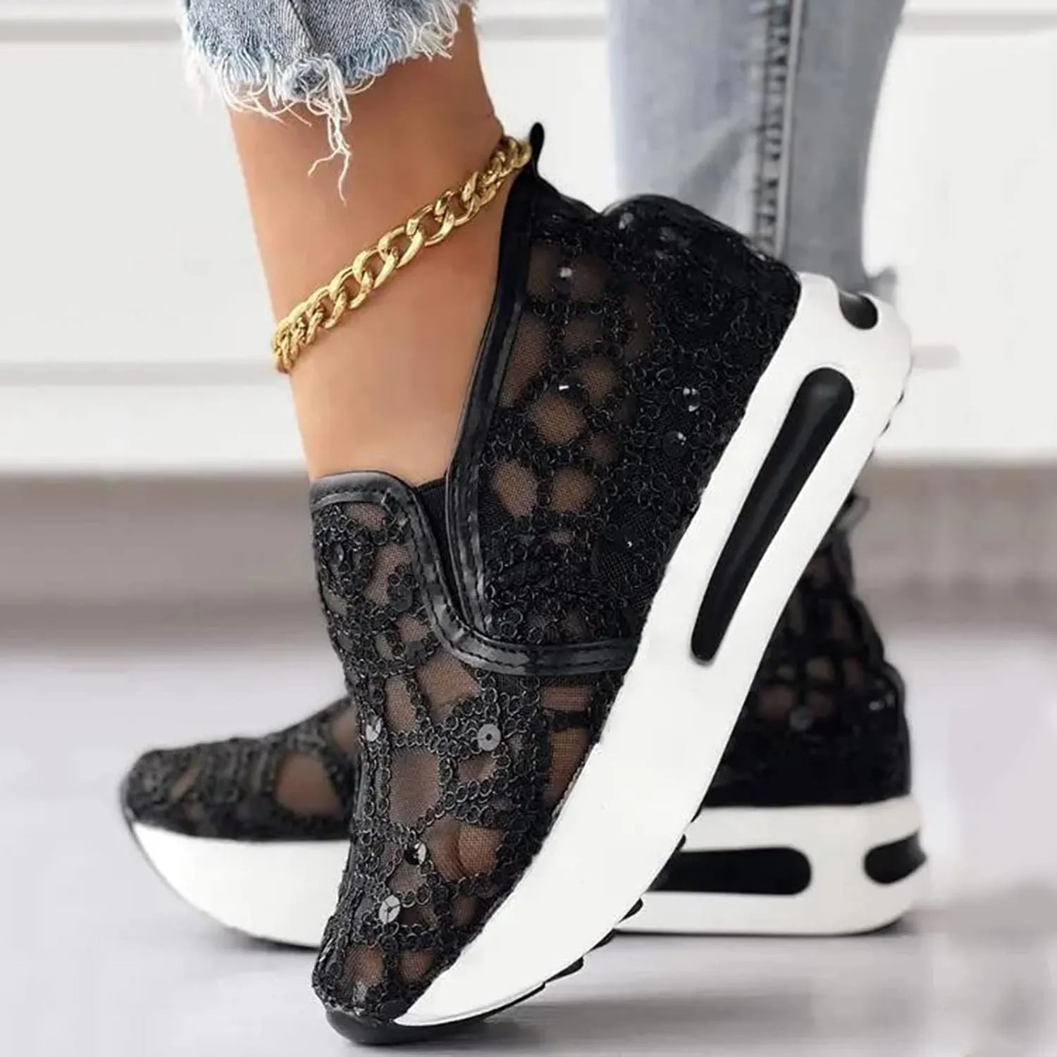 Ladies Fashion Breathable Knitted Mesh Pointed Flat Bottomed Casual Single Shoes Wedges Wide Feet