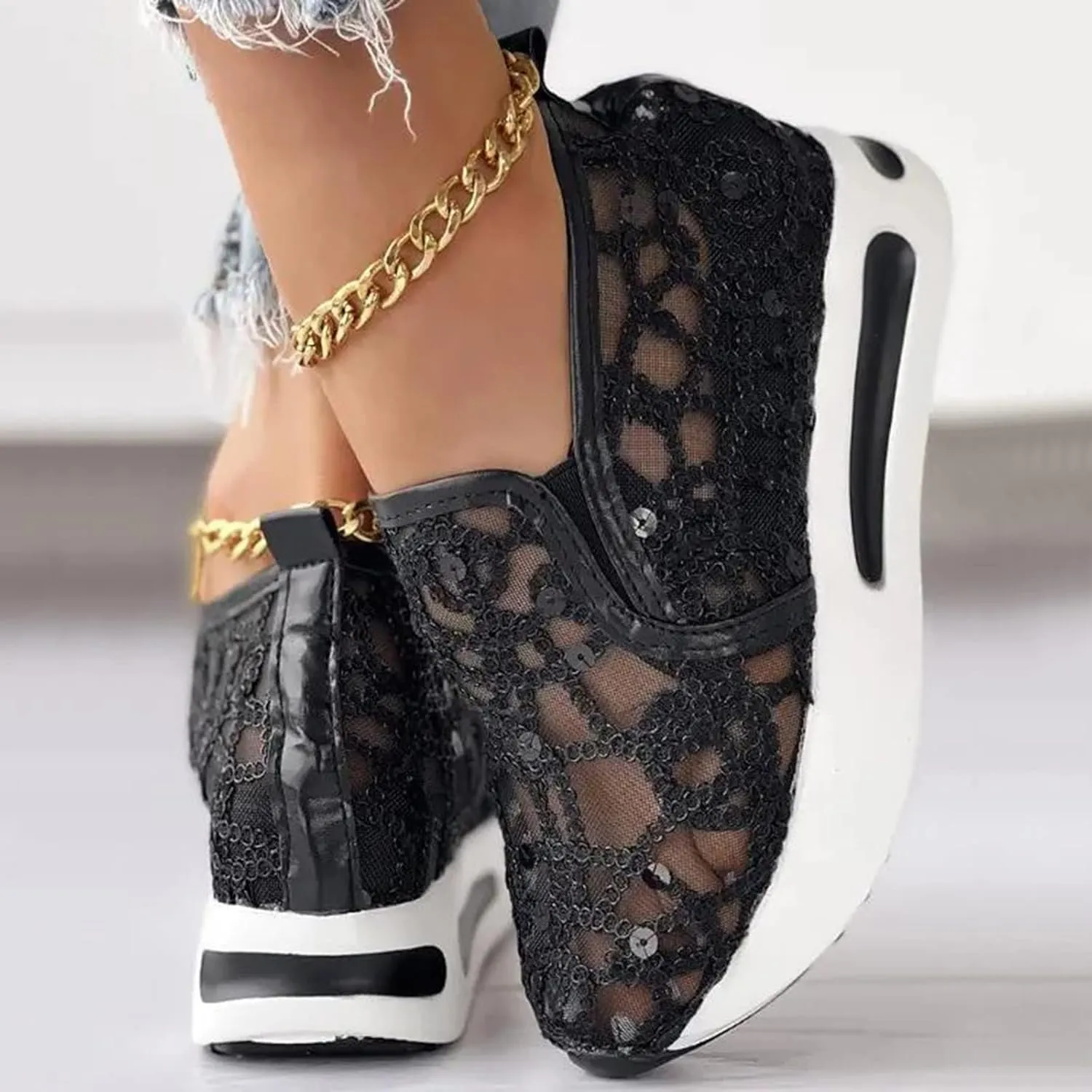 Ladies Fashion Breathable Knitted Mesh Pointed Flat Bottomed Casual Single Shoes Wedges Wide Feet