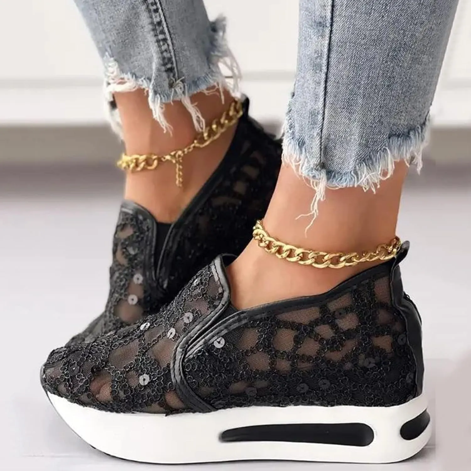 Ladies Fashion Breathable Knitted Mesh Pointed Flat Bottomed Casual Single Shoes Wedges Wide Feet