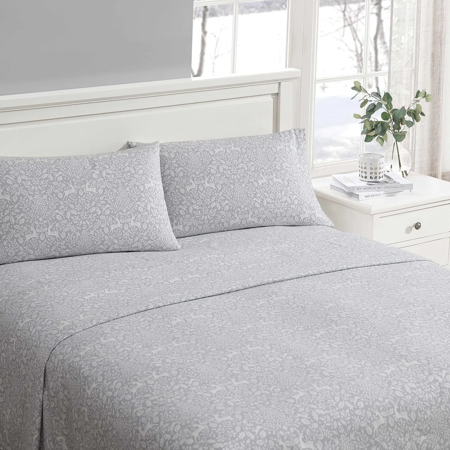Laura Ashley - Queen Sheets, Breathable Cotton Flannel Bedding with Deep Pockets, Brushed for Extra Softness & Comfort, Oeko-Tex Certified (Deer Dance Grey, Queen)