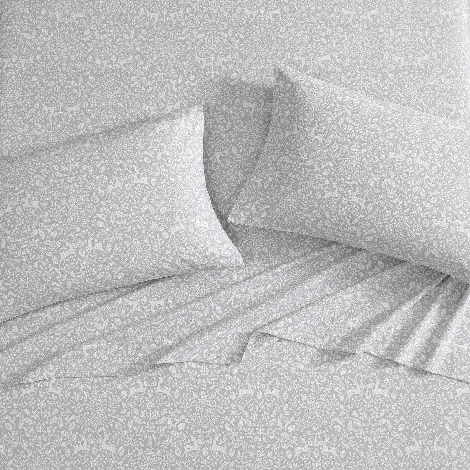 Laura Ashley - Queen Sheets, Breathable Cotton Flannel Bedding with Deep Pockets, Brushed for Extra Softness & Comfort, Oeko-Tex Certified (Deer Dance Grey, Queen)